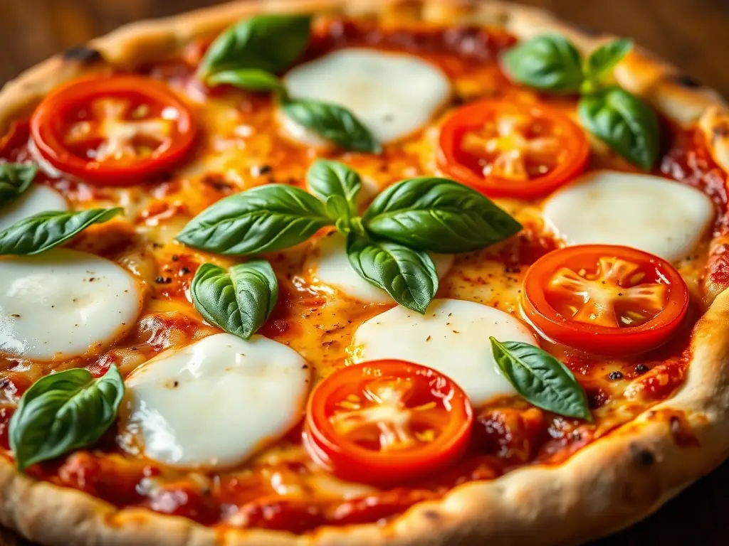 A close-up shot of a classic Margherita pizza with fresh basil leaves, ripe tomatoes, and melted mozzarella cheese, showcasing its simplicity and authentic Italian flavors.