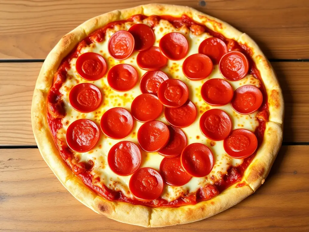 A mouthwatering image of a Pepperoni pizza with generous slices of pepperoni, melted cheese, and a perfectly browned crust, highlighting its savory and satisfying appeal.