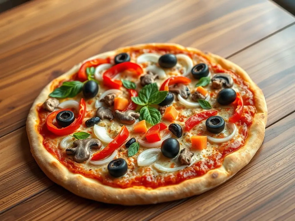 An enticing photo of a Vegetarian pizza with colorful vegetables such as bell peppers, mushrooms, onions, and olives, showcasing its healthy and flavorful ingredients.